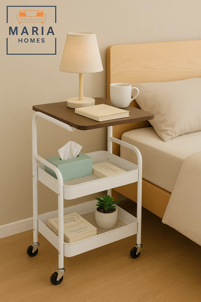 MARIA HOMES 2-Tier Rolling Bedside Table with Wooden Top – Mobile Nightstand ...