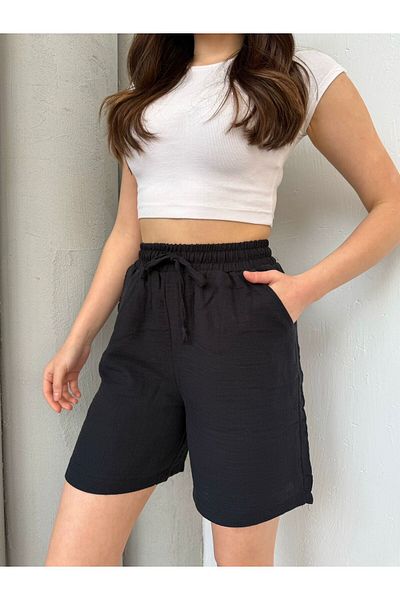 MyRia Pantaloni scurți de damă din muselină cu buzunare și talie elastică