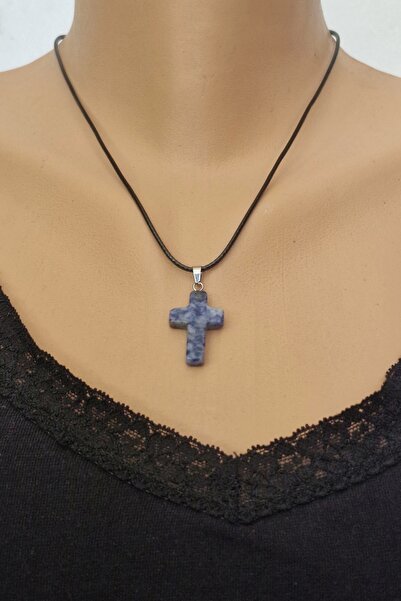 Pozitif Doğal Taş Mavi Kuvars Haç Kolye 104-11