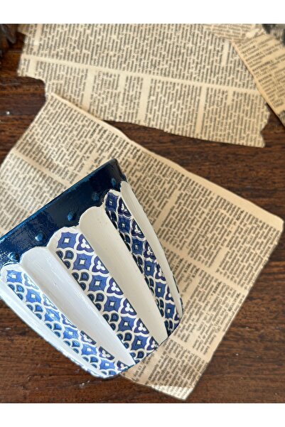 Handmadesign El yapımı seramik saksı lacivert mavi beyaz Bodrum yaz esintili blueblanc tarzı vazo dekoratif