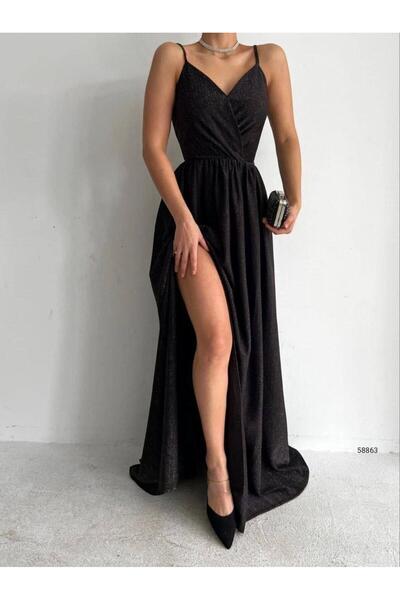 Modafeminen Βραδινό φόρεμα με διπλό γιακά Glitter 58863 Μαύρο