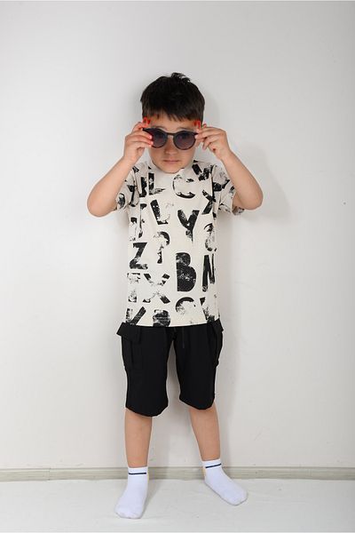 KİDSPİTİRCİK Boy's Stone Printed T-Shirt, Shorts Suit with Pockets