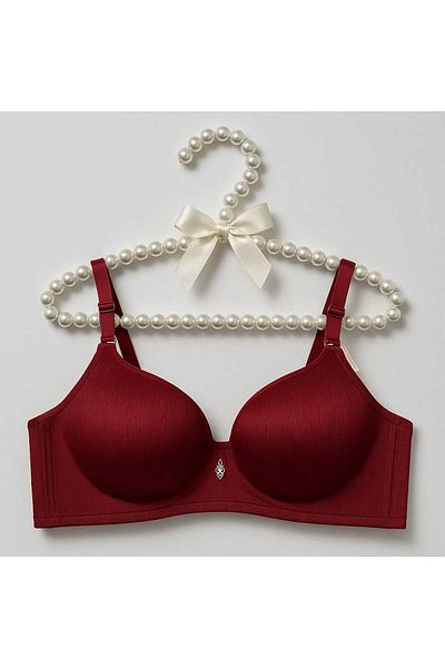gigigiyim Red C Cup Wire Free Unpadded Satin Ribbed Bra