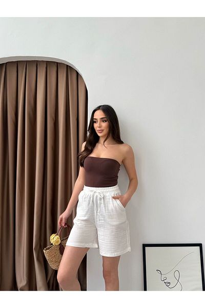 MyRia Women's Elastic Waist Pocket Muslin Shorts