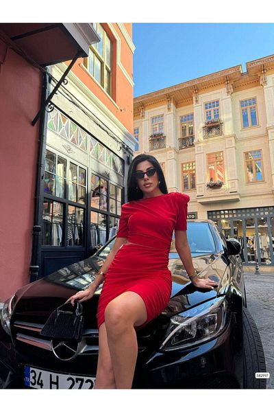 Modafeminen Low Waist Gathered Short Sleeve Dress 582997 Red