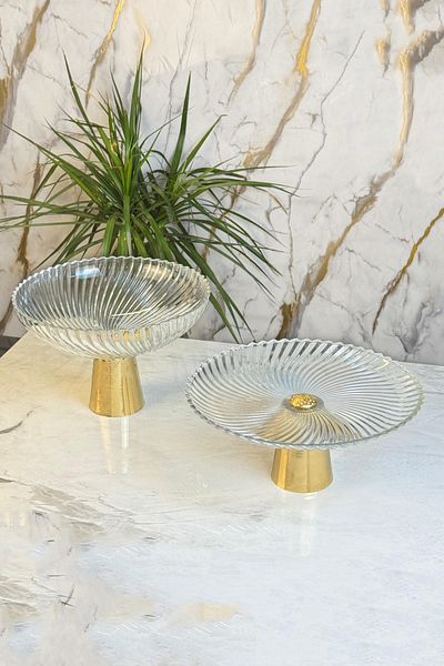 MAY HOME Gold Footed Glass Bowl Plate Set & Salad Fruit Pie Cookie Cake Presentation Serving
