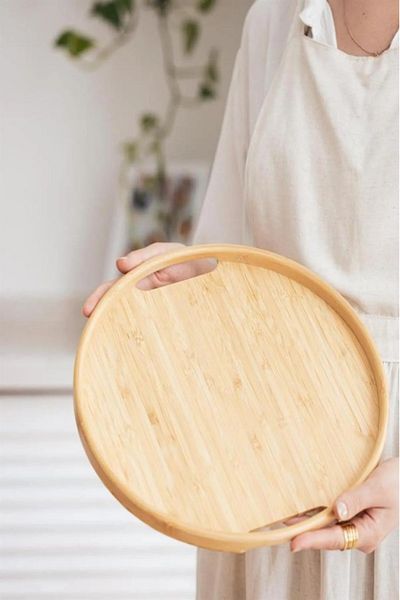 ROYALGROSS Natural Bamboo Round Serving Tray - Set of 3