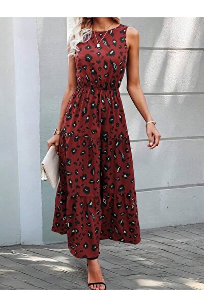 JANES Women's Sleeveless Crew Neck Elastic Waist Patterned Single Jersey Dress