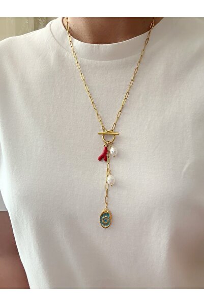 Çelik Salyangoz İkonlu Y Şekil Önden T kilit Kapamalı Çelik Kararmaz Kolye