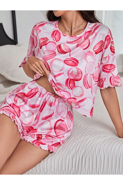 AURASTİL Women's Short Sleeve Ruffle Shorts Set Pi̇nkmako