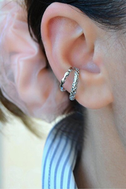 Sacce Scarves&Accessories İki Sıralı Earcuff | Deliksiz Antik Kıkırdak Küpesi | Rodyum Kaplama Şık Model