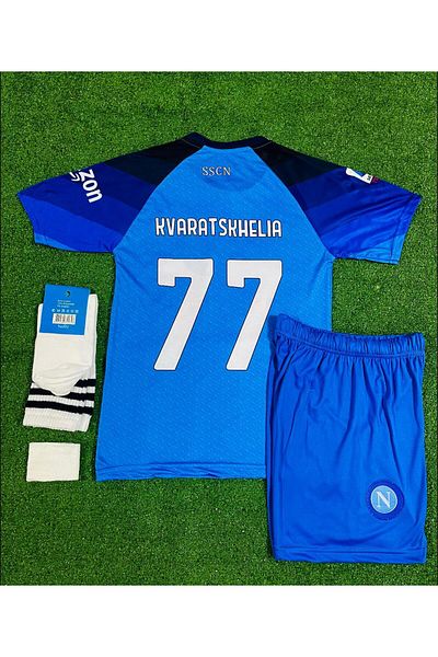 DAYIBALI DÜKKAN Dayibali Napoli Kvaratskhelıa 2023/24 New Season Blue Kids Home Jersey Set of 3