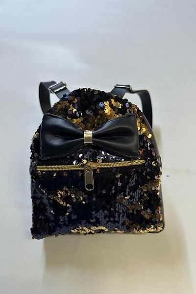 Hobigram Navy Blue Bow Tie Patterned Gold Sequin Children's Bag Backpack Children's Accessory Double-Sided Sequin