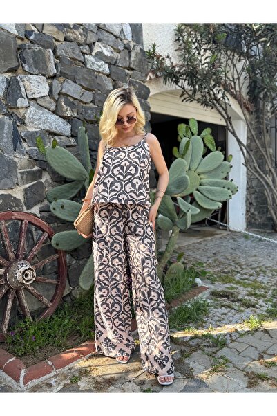 FEHUBLOOM Bitter Brown Ecru Jacquard Strap Blouse Trousers Set