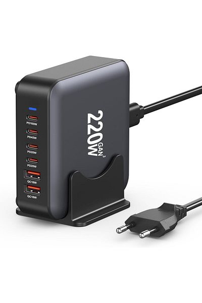 REDz Accessories G-B36 Power Station with 6 Ports, 220W, USB + Type-C, Adapter + Cable for EU Plug, Black