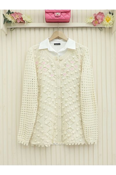 Modamorfo Pompom Button Ribbon Embroidered Openwork Knitwear Cardigan - Cream