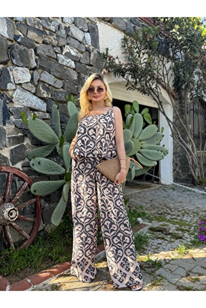 FEHUBLOOM Bitter Brown Ecru Jacquard Strap Blouse Trousers Set