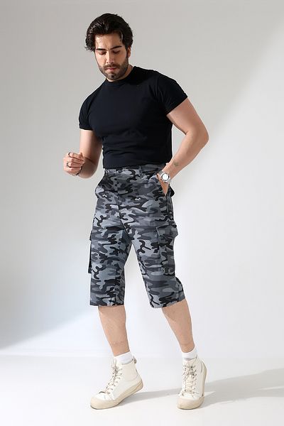 sports here Pantaloni de sezon Capri Cargo cu buzunare din in cu model de camuflaj