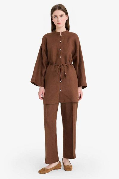 DeFacto 100% Linen Regular Fit Lace-Up Long Sleeve Hijab Shirt Tunic D4394Ax25Sm