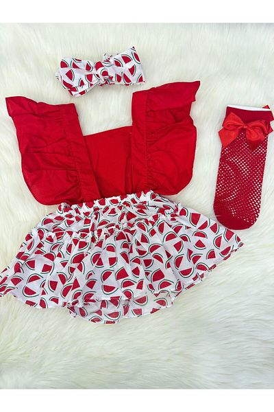 ŞAPKAKİDS Watermelon Slopet Bandana and Red Net Socks Set