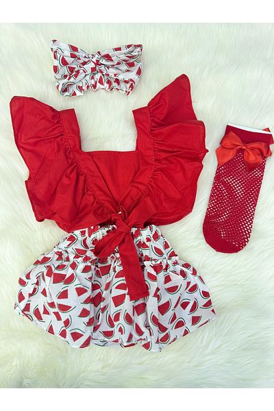 ŞAPKAKİDS Watermelon Slopet Bandana and Red Net Socks Set