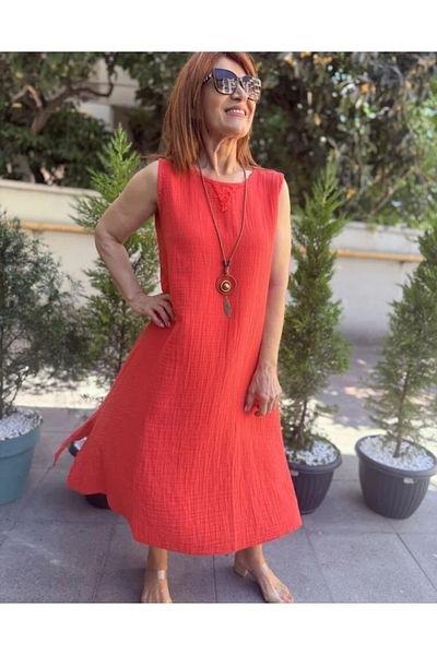 DenizEge Muslin Thick Strap Dress Pomegranate Flower