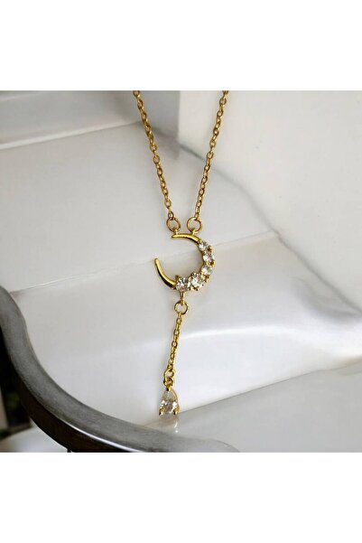 Herşey Nota قلادة نسائية متدلية على شكل قمر مرصعة بالأحجار – ستانلس ستيل، مجو...