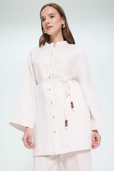 DeFacto 100% Linen Regular Fit Lace-Up Long Sleeve Shirt Tunic D4394Ax25Sm