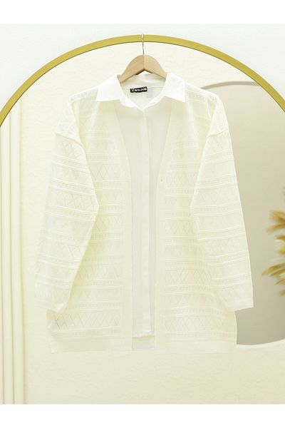 Modamorfo Mixed Patterned Openwork Knitwear Cardigan -Ecru