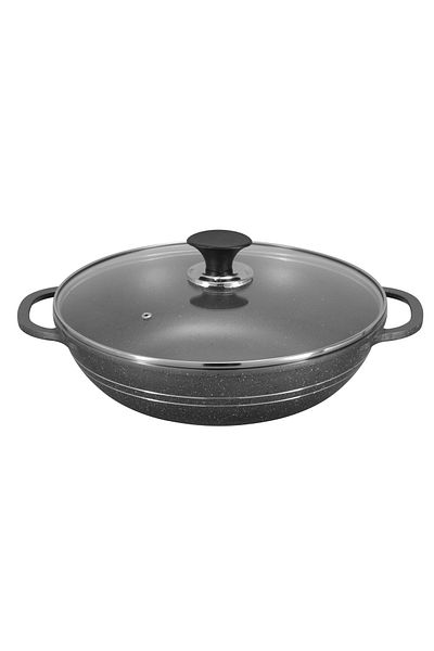 SONEX Eden Karahi Non-Stick 32cm With Tempered Glass Lid Two Handles, All Cooktops Grey Marble
