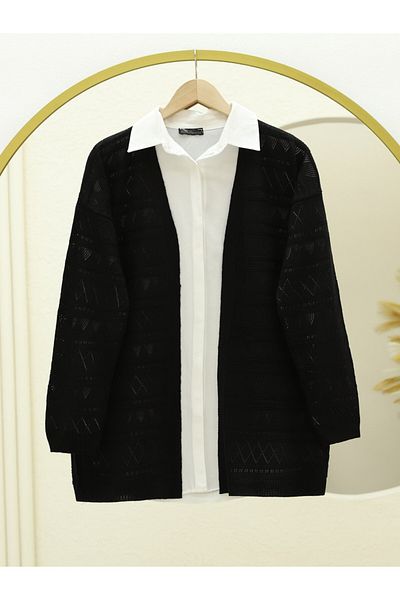 Modamorfo Mixed Patterned Openwork Knitwear Cardigan -Black
