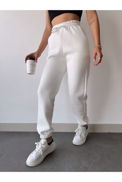 Bonne Maison Pantaloni de sport de jogger de bază, albi, de iarnă, cu fleece în interior, cu talie înaltă