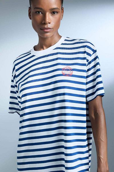 DeFacto Fit Oversize Wide Fit Crew Neck Striped Printed Sports Short Sleeve T-Shirt E2782Ax25Sm