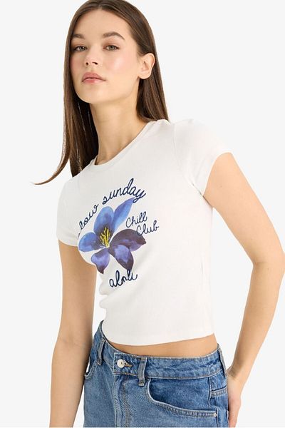 DeFacto New Season Fitted Crew Neck Printed Rib Short Sleeve T-Shirt