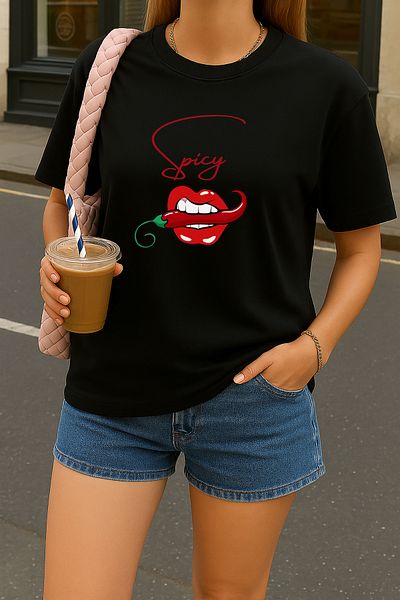 sielta Tricou negru din bumbac pentru femei oversize cu imprimeu picant cu ardei iute