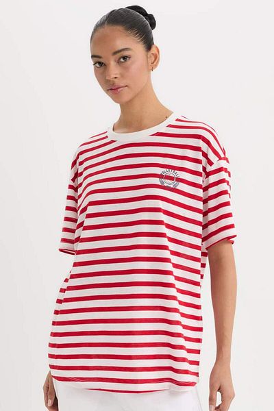 DeFacto Tricou cu mânecă scurtă pentru sport, cu mânecă scurtă, cu imprimeu în dungi, cu decolteu lat, oversize E2782ax25sm