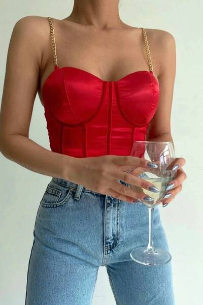 BENİMOLMALI Saten Zincir Askılı Crop Bra Destekli Crop Askılı Crop Büstiyer Gipeli Crop