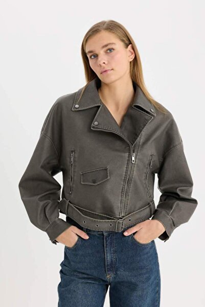 DeFacto Guler dublu hidrofugă, buzunar cu fermoar, curea, jachetă sezonieră din piele artificială C1135ax25sp