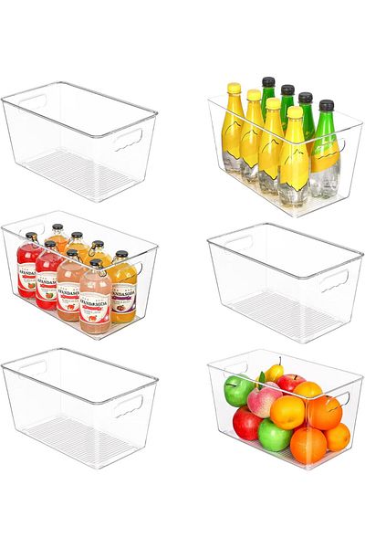NEXIFY 6 Pack Clear Plastic Storage Bins, Pantry Organizer Containers with Handle for Refrigerator