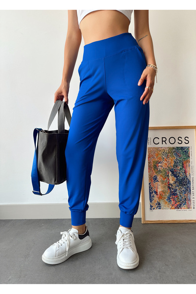 Bonne Maison Γυναικείο μπλε ψηλόμεσο συσφικτικό ελαστικό jogger παντελόνι φόρμας