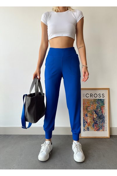 Bonne Maison Women's Navy Blue High Waist Stretchy Jogger Sweatpants
