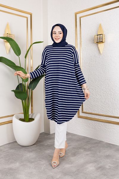 Eliva Women's Navy Blue White Striped Combed Cotton Hijab Tunic