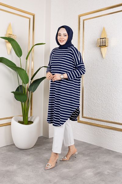 Eliva Women's Navy Blue White Striped Combed Cotton Hijab Tunic