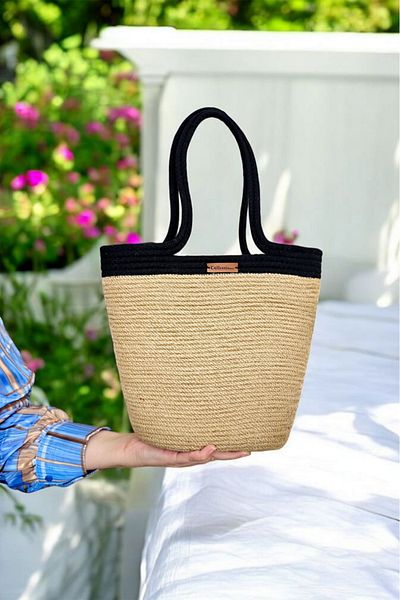 CollessiaHome Χειροποίητη τσάντα από άχυρο από γιούτα Τσάντα με σχοινί Μαύρη ρίγα Casual ψάθινη τσάντα