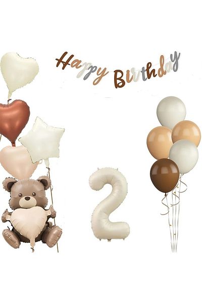DÜVENCİ TİCARET Sitting Heart Bear Retro Color Birthday Age Balloon Set