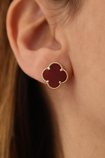 YAVUZ KUYUMCULUK 14 Ayar Altın Bordo Renkli Yonca Top Küpe