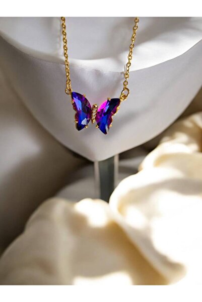 Herşey Nota قلادة نسائية على شكل فراشة أرجوانية من حجر الزركون – لون ذهبي ستا...