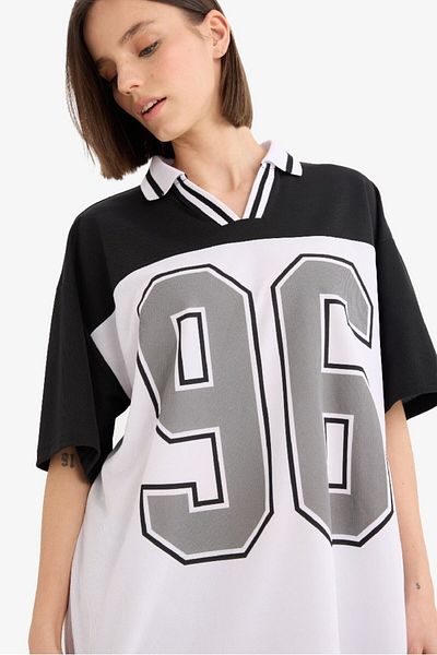 DeFacto Tricou cu mânecă scurtă cu imprimeu cu guler polo oversize Cool Cool