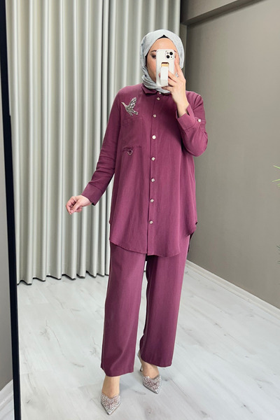Camelya Fashion Anka Kuşu Taş İşlemeli Organik Kumaş Gömlek Pantolon Tesettür İkili Takım