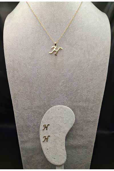 Han Ticarethane Gold Color Steel Letter H Necklace and Earring Set